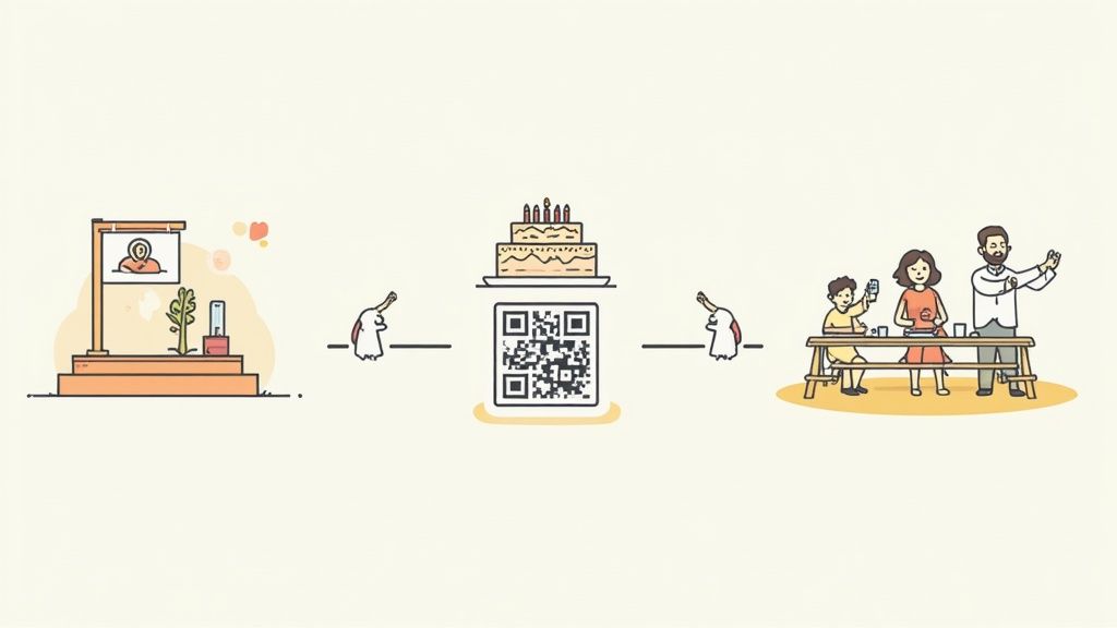 A diverse group of people at a corporate event, happily taking photos with their smartphones.