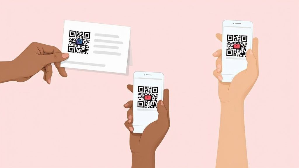 Hands holding paper card and smartphones displaying colorful QR codes for event access.