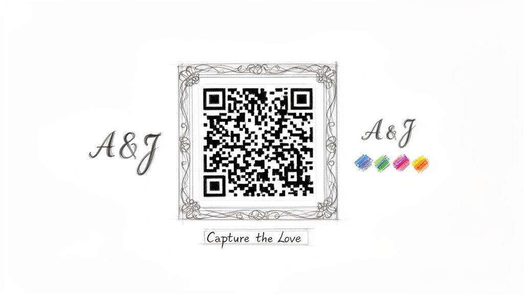A hand-drawn QR code for A&J wedding photos, framed with 'Capture the Love' and colorful swatches.