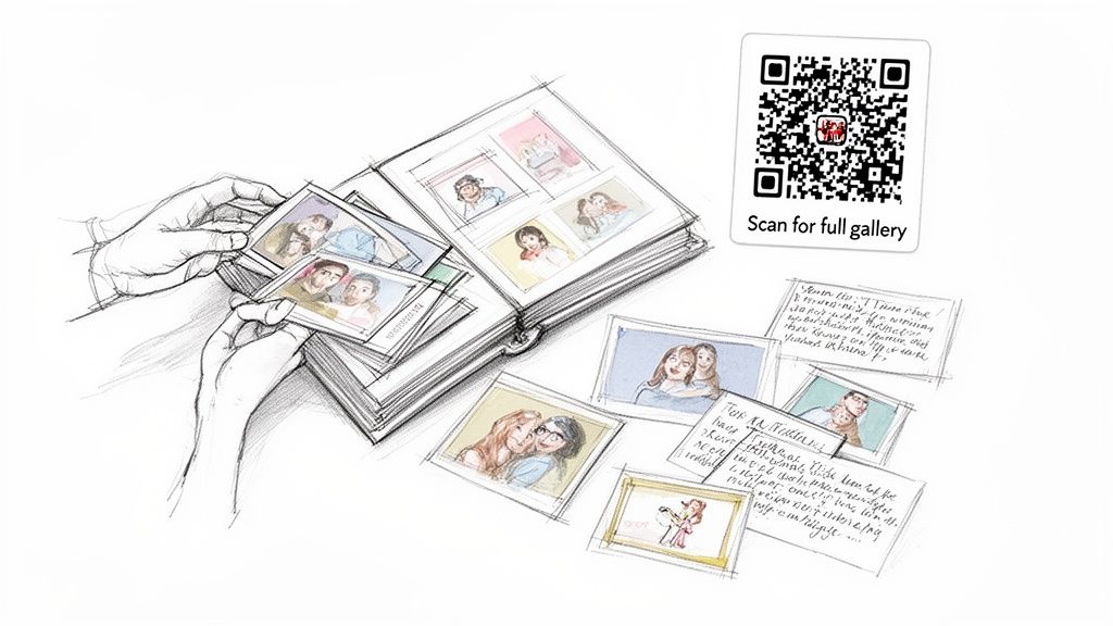 Illustrated hands organizing instant photos into a scrapbook, with a QR code and handwritten notes.