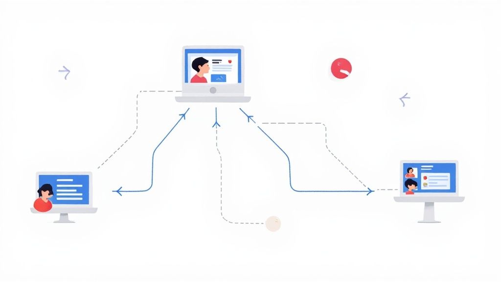 Central laptop connecting to two desktop computers, illustrating network communication and user profiles.