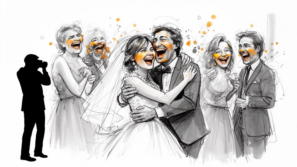 Illustration of a jubilant wedding celebration with guests and the couple laughing heartily.