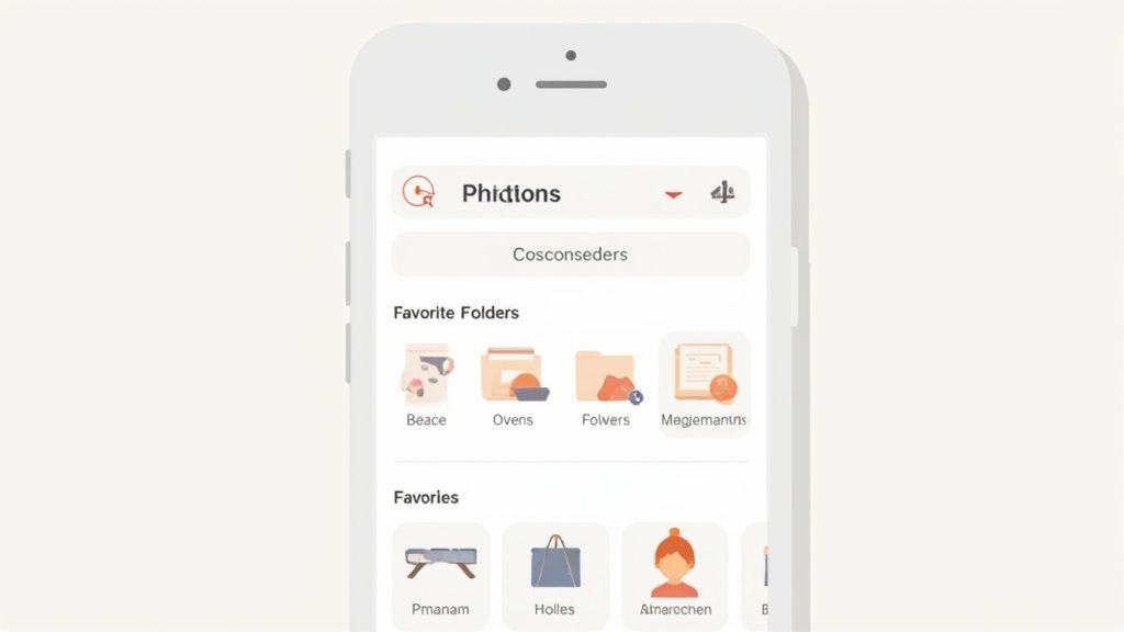 A smartphone screen displays a file organization app showing favorite folders and various items.