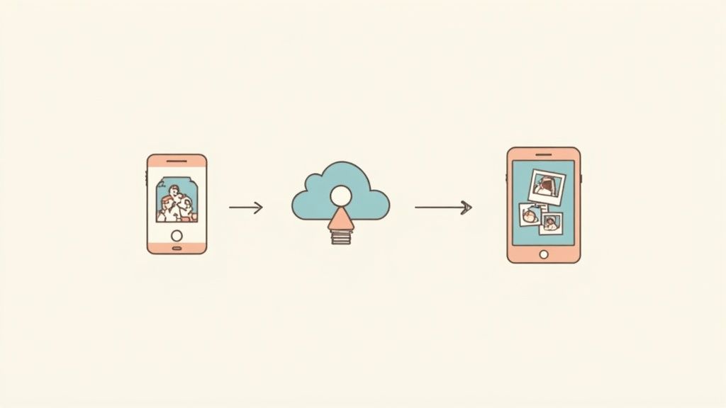 A hand holds a smartphone, scanning a wedding invitation with a QR code, indicating a simple setup process.