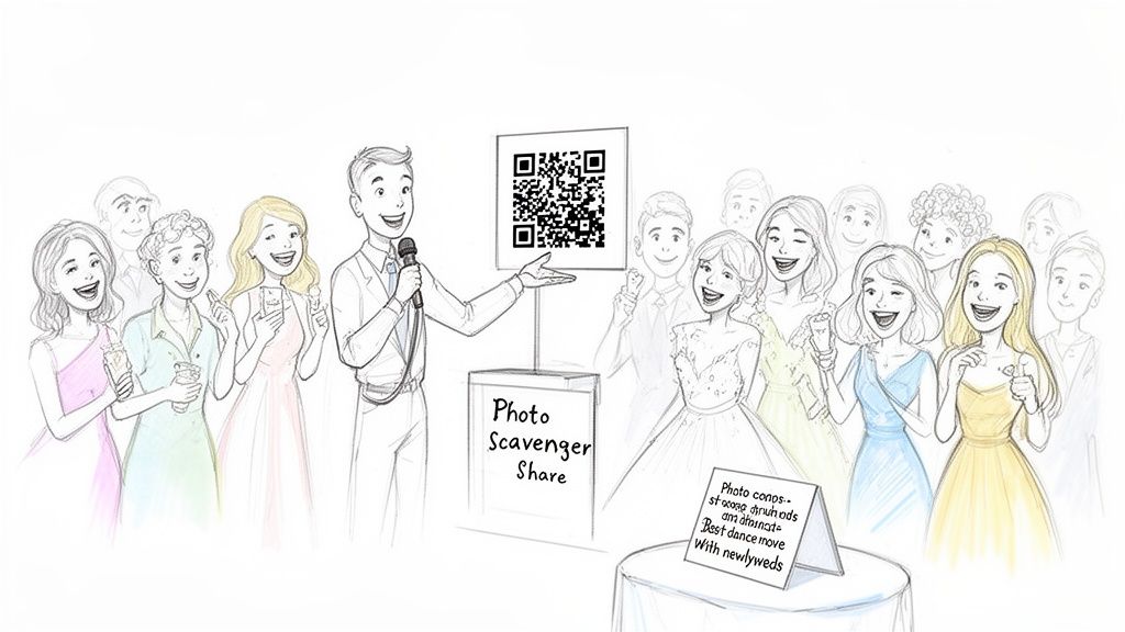 Illustration of wedding guests participating in a photo scavenger hunt with a QR code display.