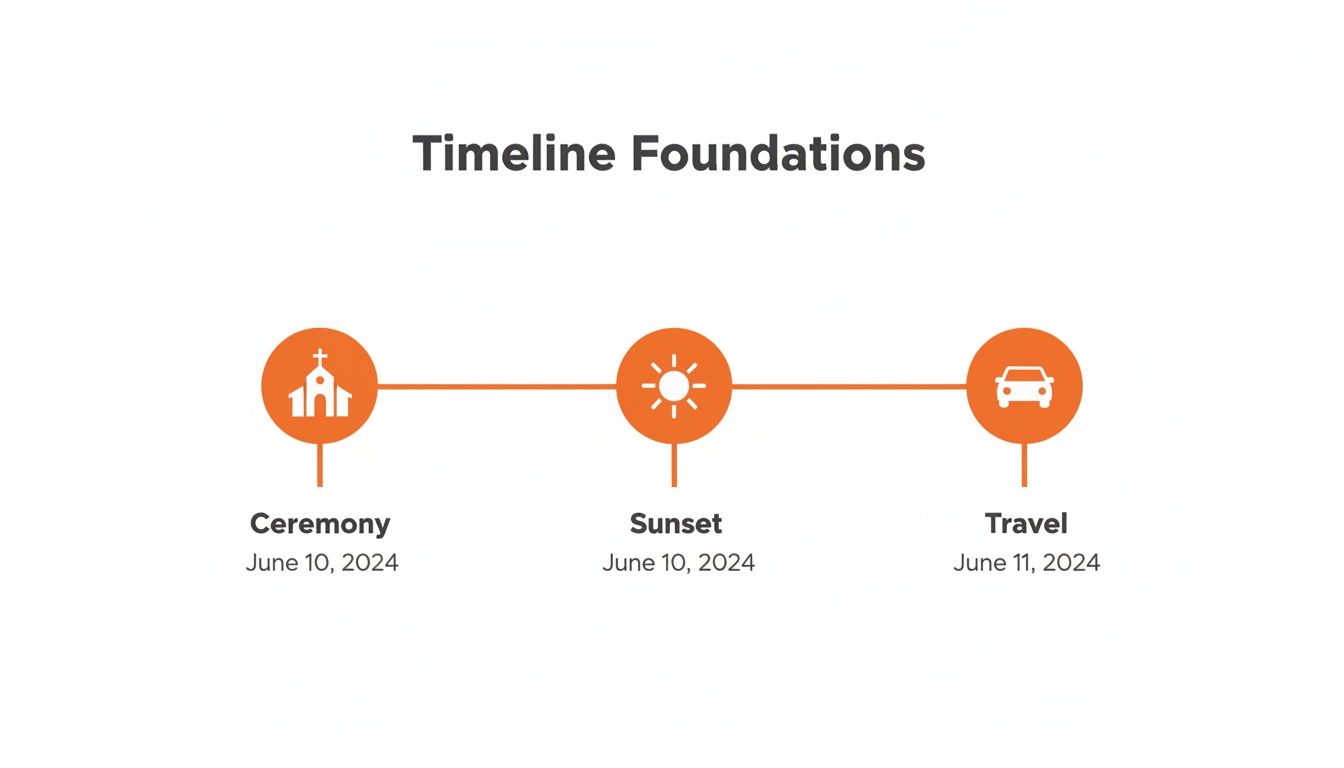 A visual timeline showing three events: Ceremony (church), Sunset (sun), and Travel (car) with their dates.