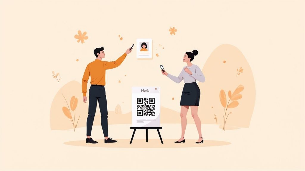 Two people scanning a QR code display and a profile picture with their smartphones.