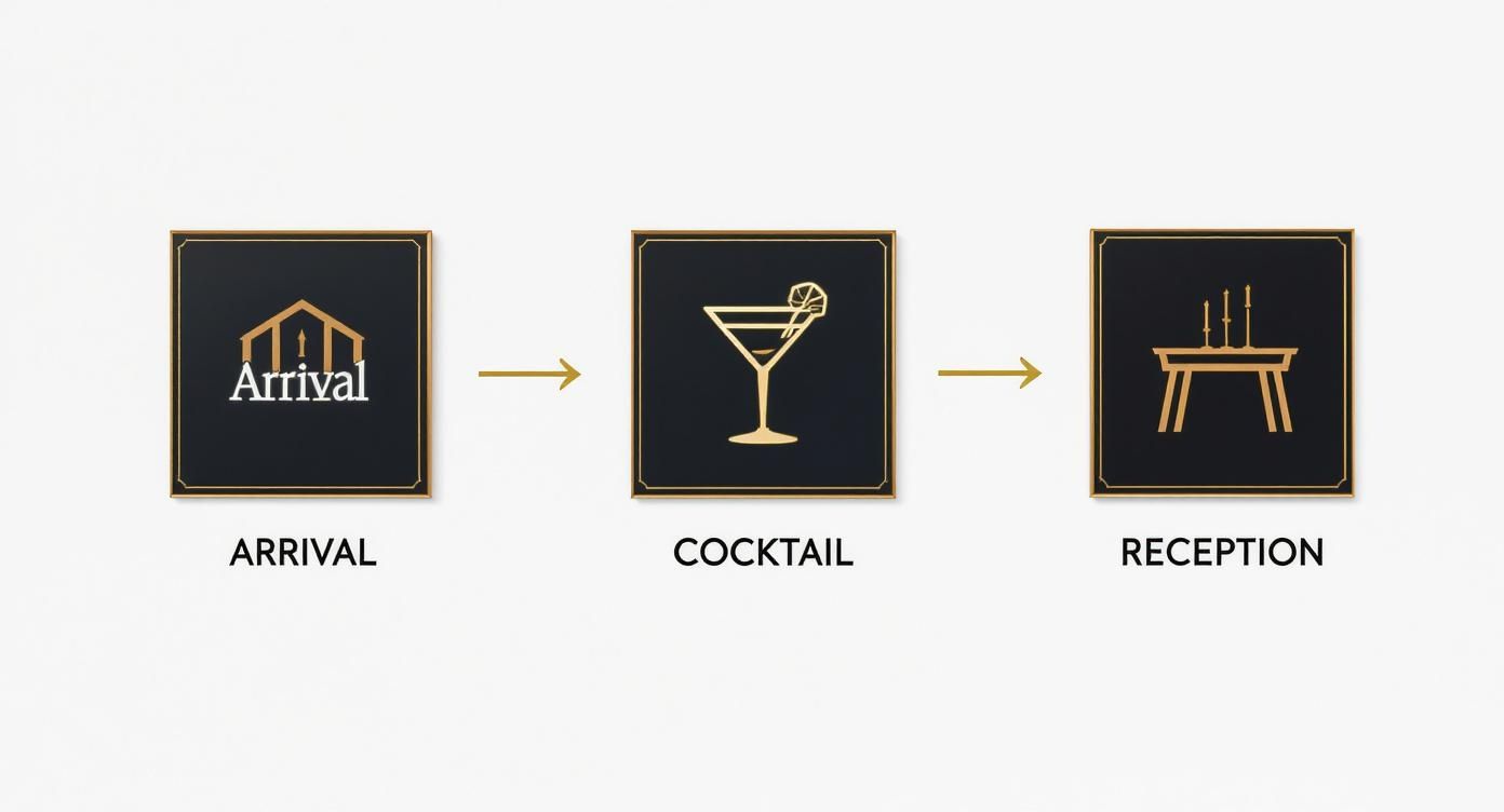 Three icons illustrating wedding event stages: arrival, cocktail hour, and reception, connected by arrows.