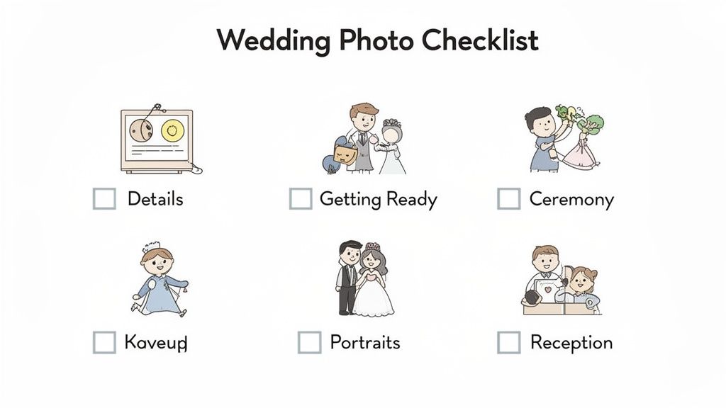 A wedding photo checklist with illustrations for categories: Details, Getting Ready, Ceremony, Kaveup, Portraits, Reception.