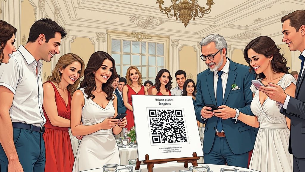 A wedding sign with a QR code for guests to scan and share photos.