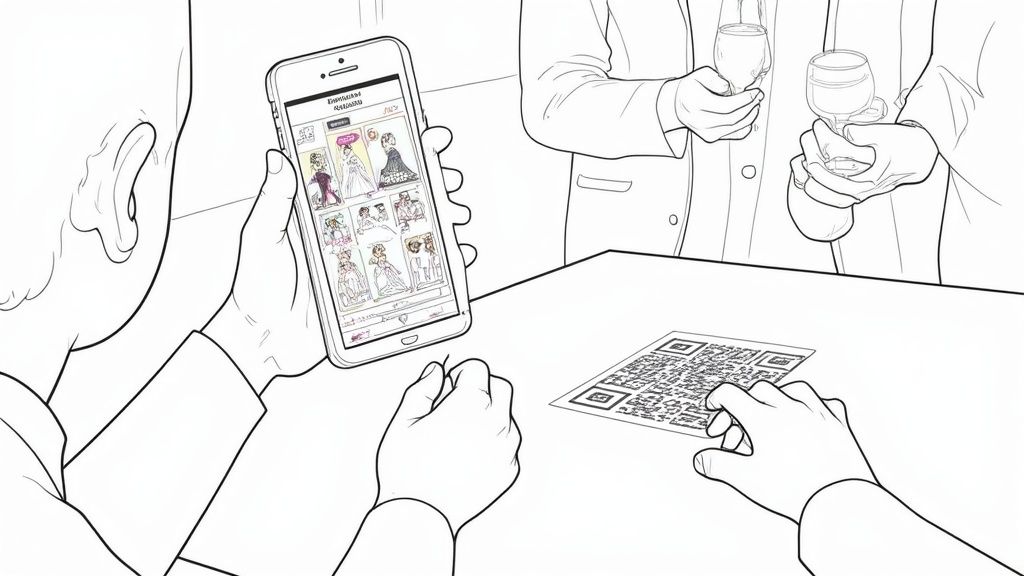 A bride smiling as she looks at her wedding photo gallery on a tablet.