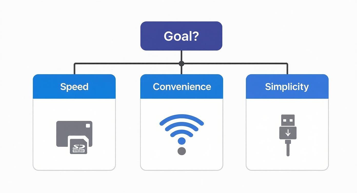 A flowchart showing 'Goal?' with three branches: Speed (SD card), Convenience (Wi-Fi), and Simplicity (USB cable).