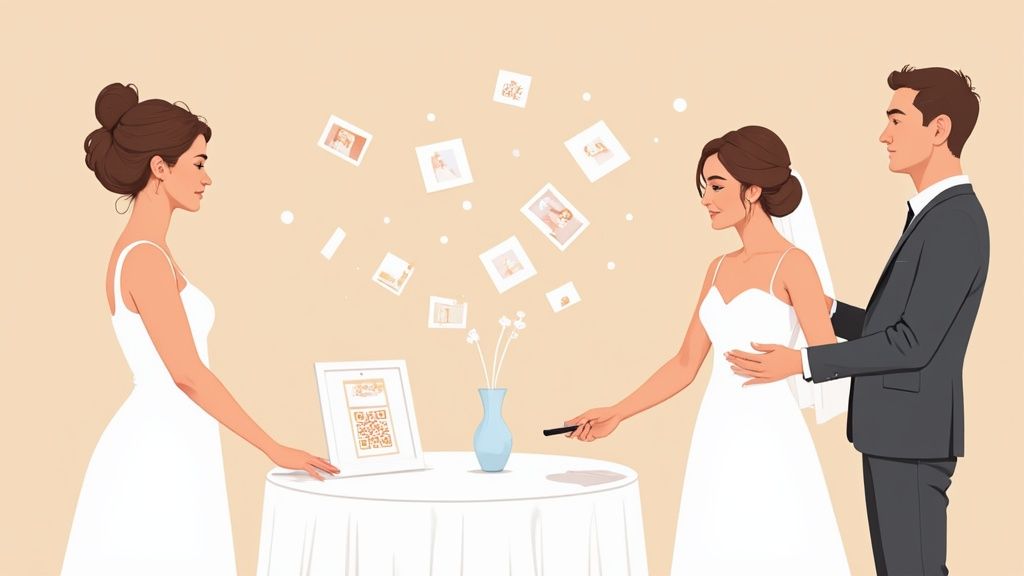 Digital wedding guest book: A bride, groom, and guest sharing photos at a reception.
