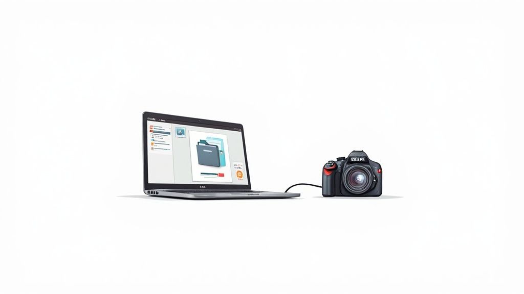 A laptop connected to a DSLR camera, with file management software displayed on the screen.