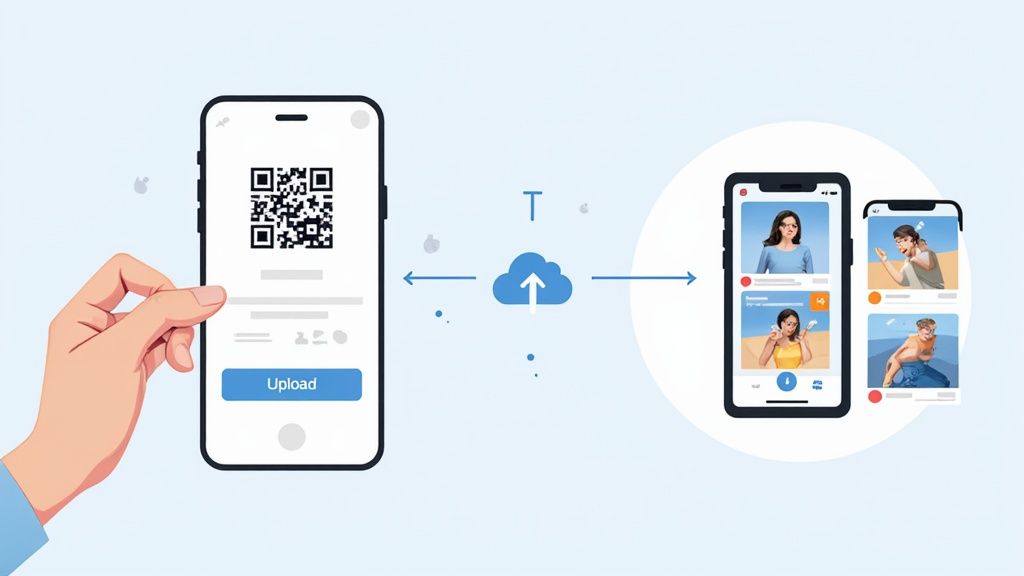 A person scanning a photo QR code with their smartphone, with an arrow showing the photo being uploaded to a cloud gallery.