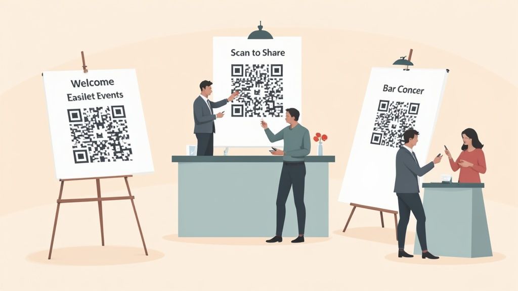 People at an event scanning QR codes on signs for welcome, sharing, and a bar.