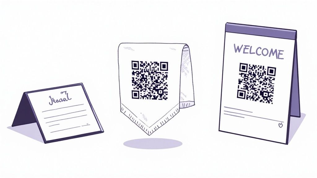 Guests at an event finding and scanning a QR code on a table display.