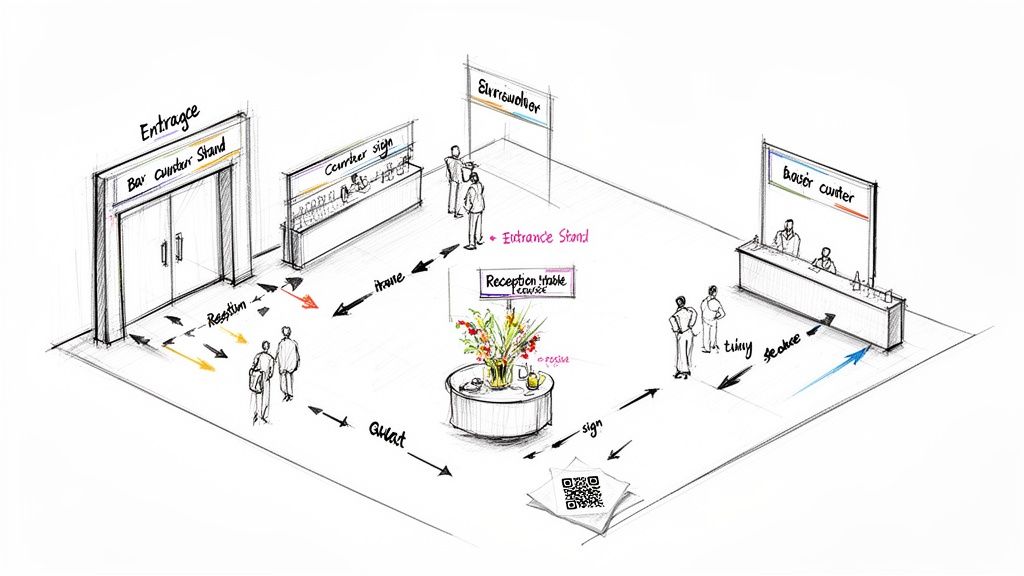 A hand-drawn sketch of an event layout with entrance, reception, counters, and guest flow directions.