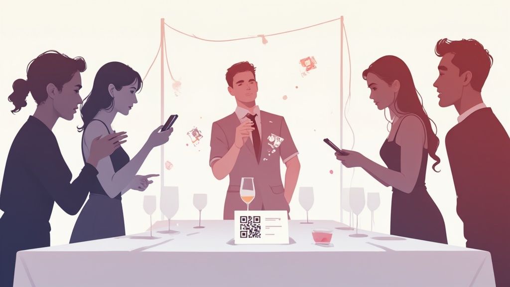 Attendees at a modern event focused on their phones, with a man and a QR code on a table.