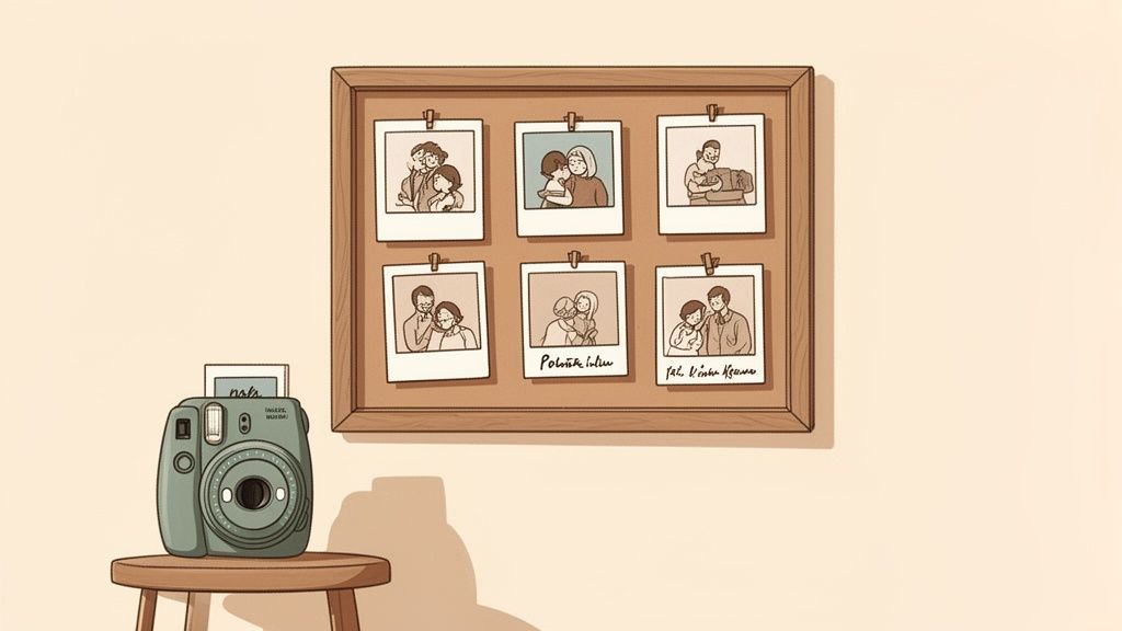 A warm image of a pinboard with six instant photos of couples, and an instant camera on a stool.