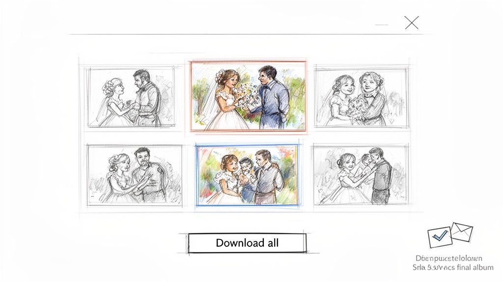 A hand-drawn digital interface showcasing six wedding and family portraits, with a 'Download all' button.