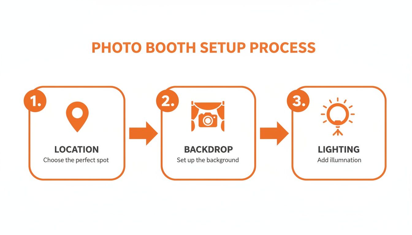 A three-step infographic outlining the photo booth setup process: location, backdrop, and lighting.