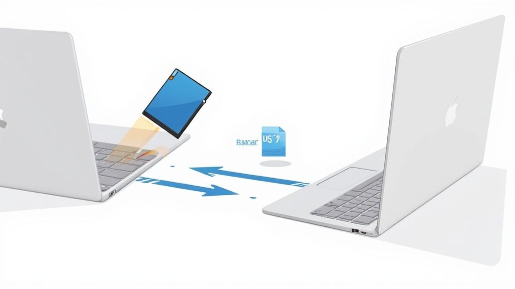 Two silver laptops, likely MacBooks, transferring files with blue arrows and a file icon.