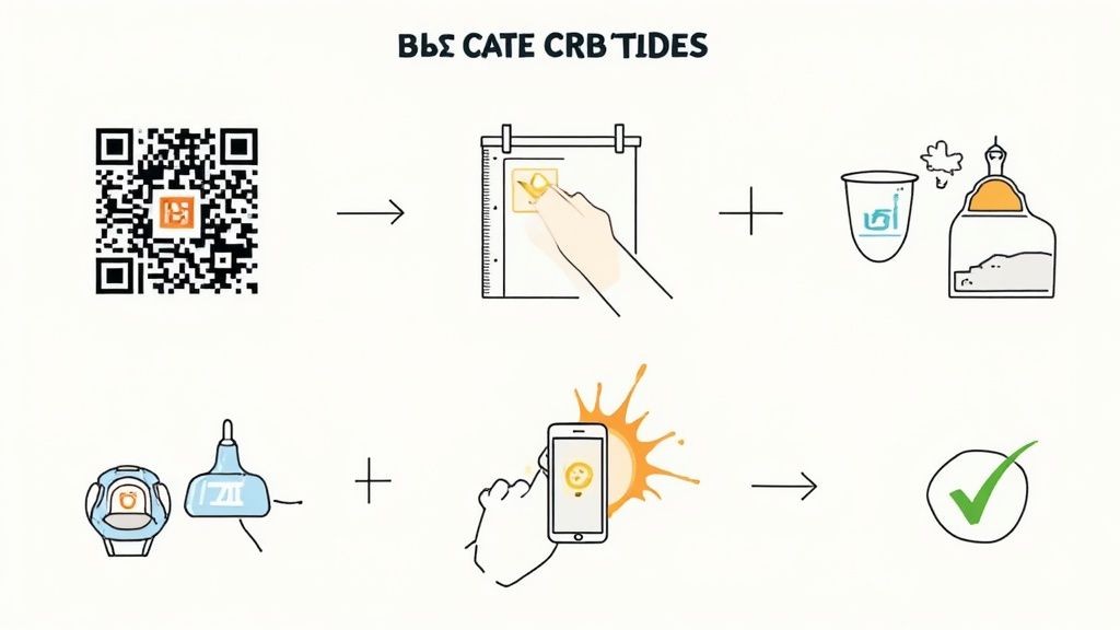 A step-by-step diagram showing a QR code, a hand checking a list, medical items, a smartphone scan, and a final checkmark.