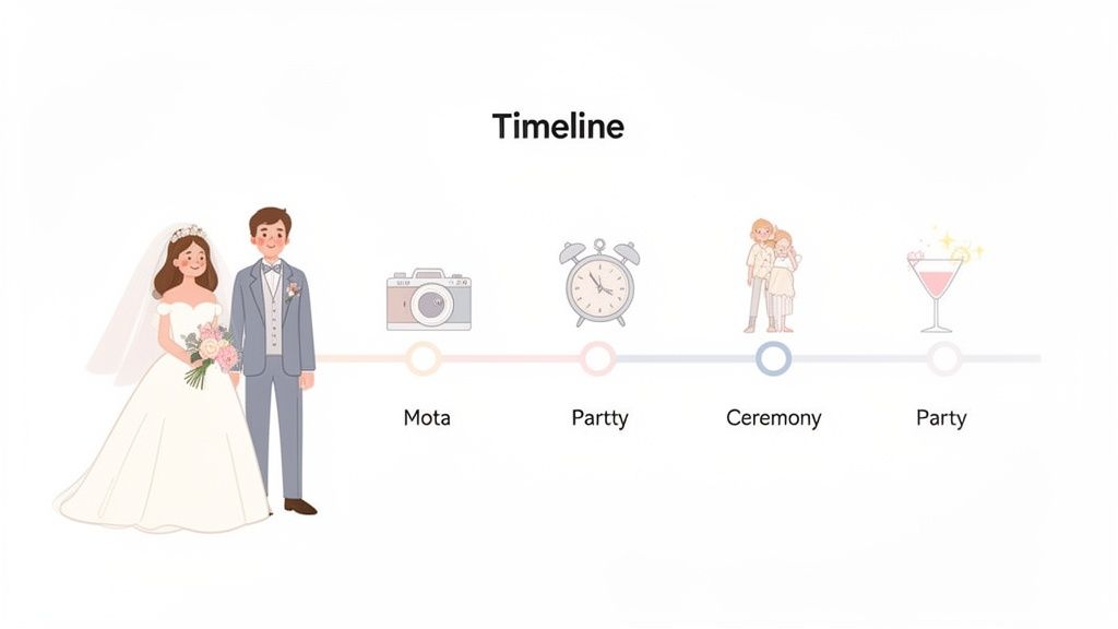 A cheerful cartoon wedding timeline displaying key events like photos, ceremony, and party with a bride and groom.