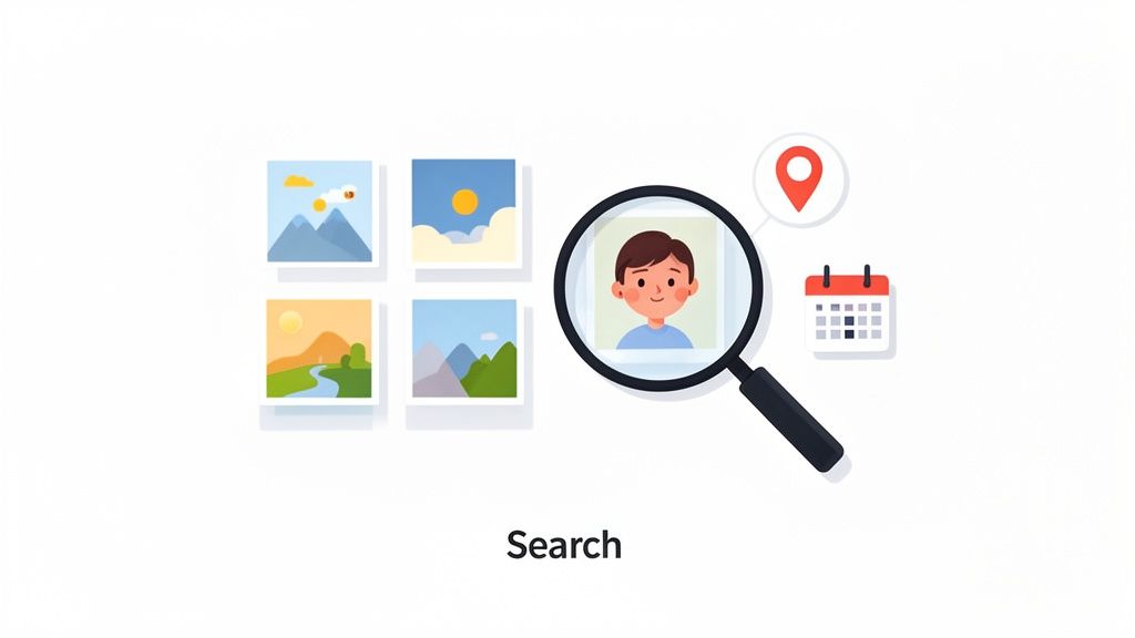An illustration showing a magnifying glass searching through digital photos for a person, location, or date.