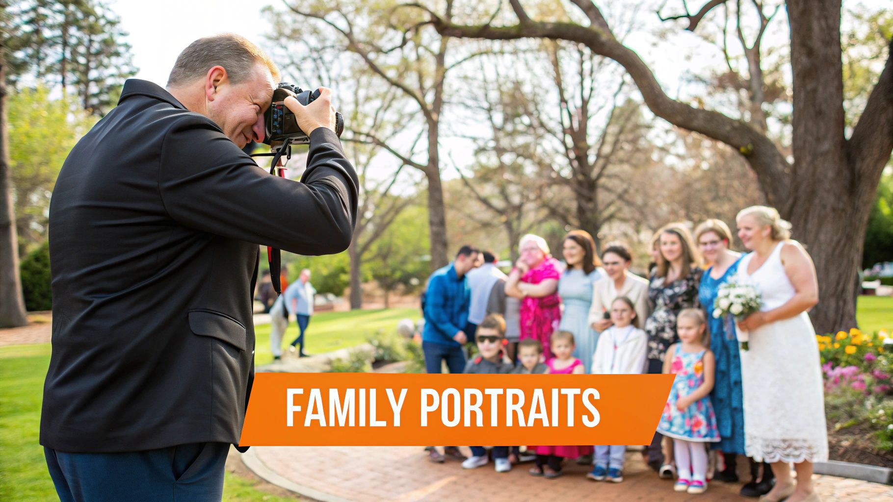 A large family poses for a formal portrait at a wedding, demonstrating organized group management.