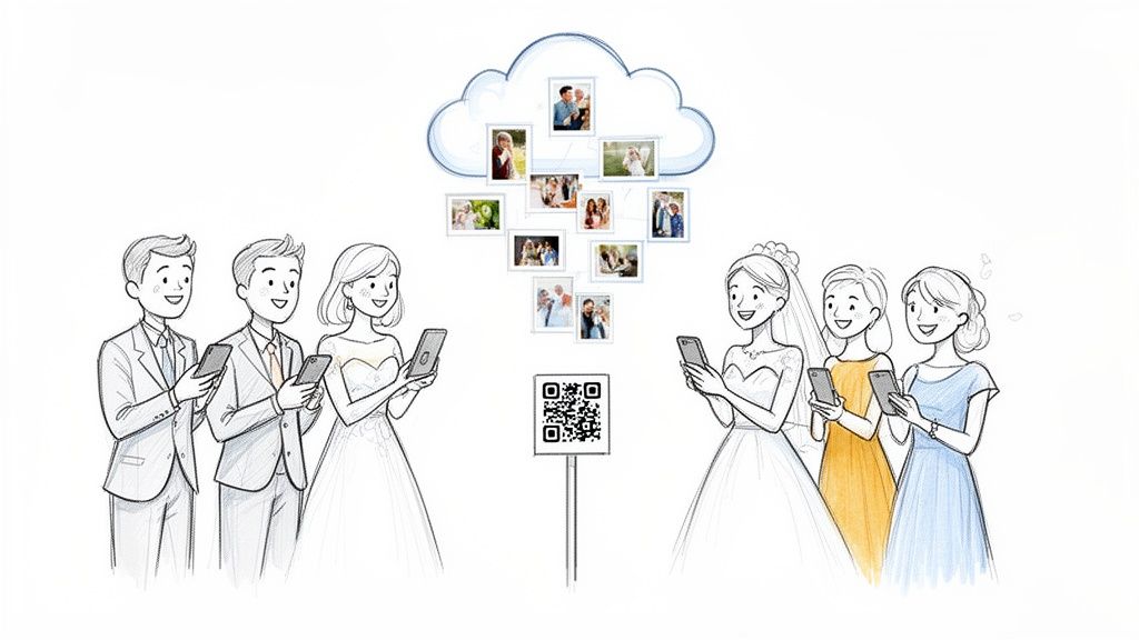 Wedding guests and a bridal party use smartphones to share photos via a QR code and cloud.