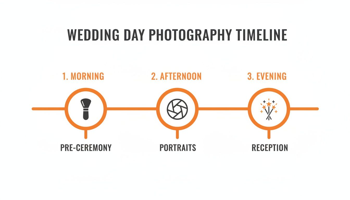 A wedding day photography timeline showing pre-ceremony, portraits, and reception stages.