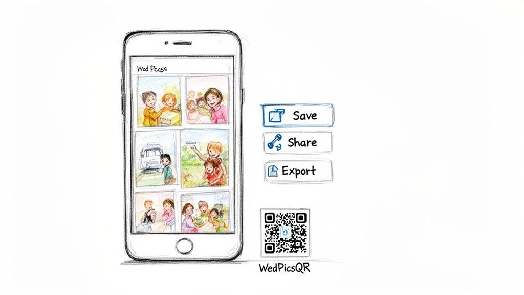 Sketch of a smartphone app displaying photos, with save, share, export options, and a WedPicsQR code.