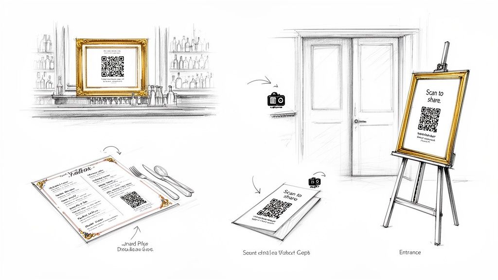 Sketches illustrating various QR code placements in a restaurant or bar for sharing and interaction.