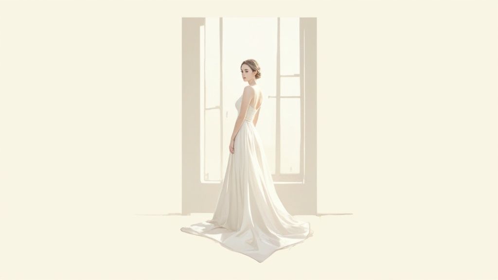 Elegant bride in white wedding gown standing before bright window in minimalist studio setting