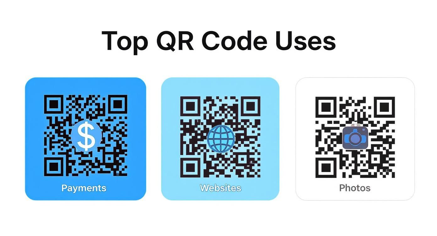 Image displaying three QR codes with icons and labels for payments, websites, and photos, showcasing top uses.