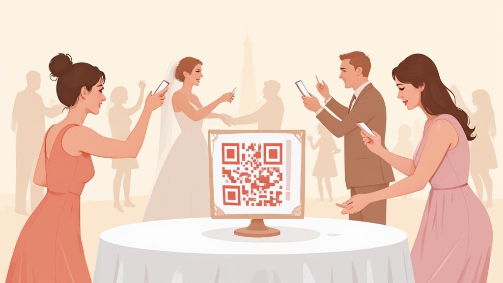 A couple displaying their wedding QR code on a sign at their reception venue.