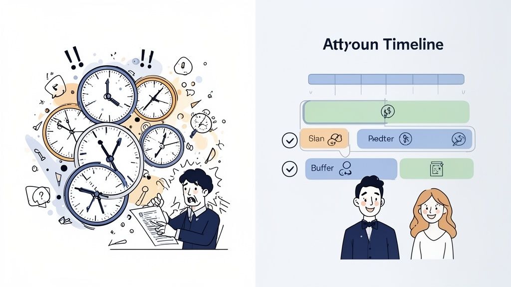Illustration contrasting a stressed man with clocks and an organized timeline featuring happy cartoon people.