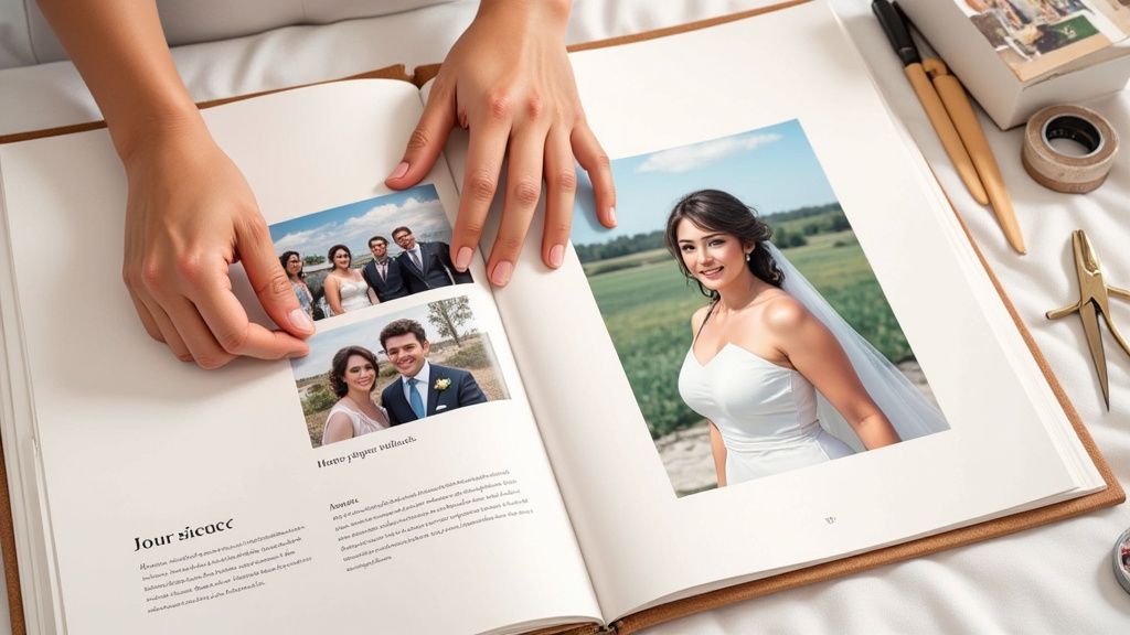 Hands carefully placing small wedding photos onto the page of a personalized open photo album.