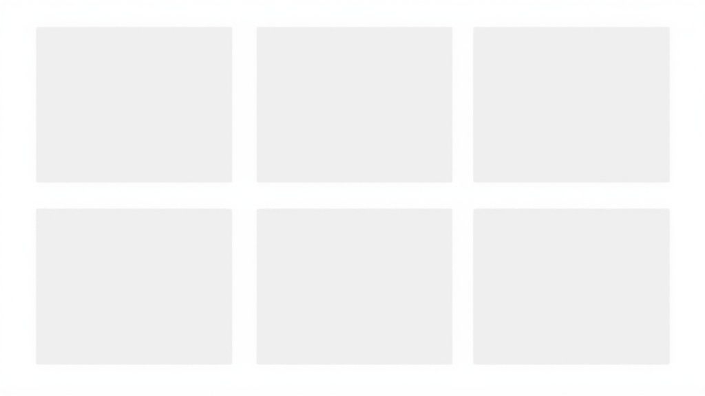 A minimalist grid layout featuring six blank light gray squares on a white background, perfect for a photo album.