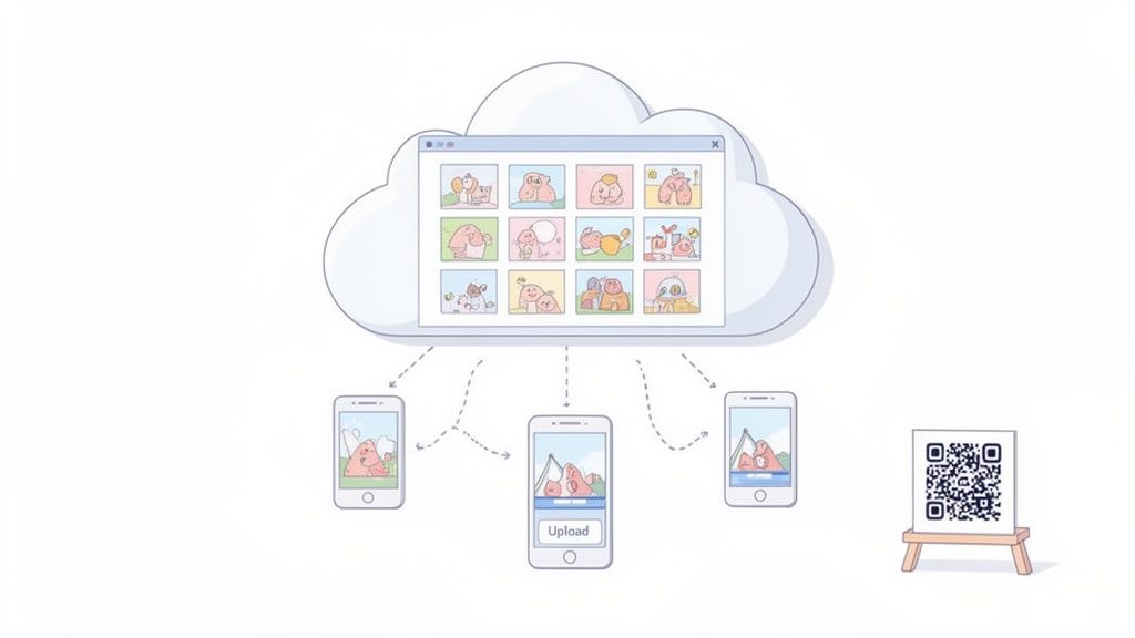 An illustration of cloud storage for digital photos, with multiple phones uploading and accessing images, and a QR code.