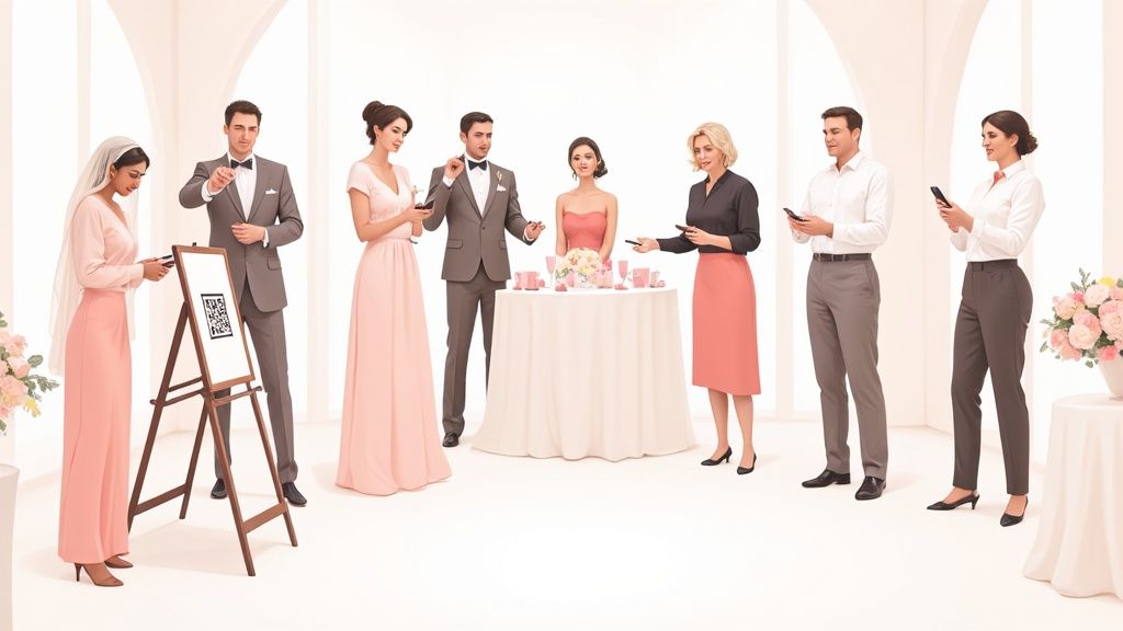 Wedding guests using smartphones to share photos at elegant reception venue with bride and groom