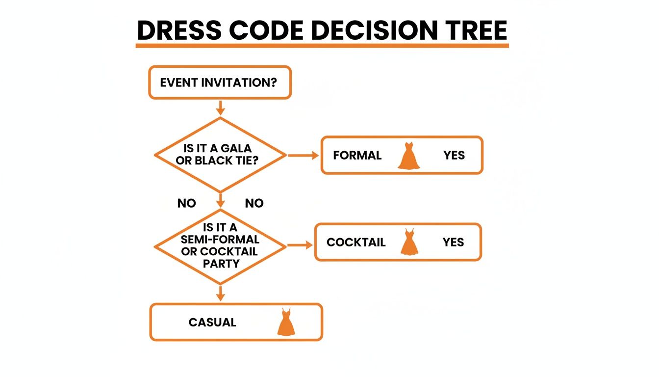A dress code decision tree flowchart illustrating attire choices for events, from formal to casual.