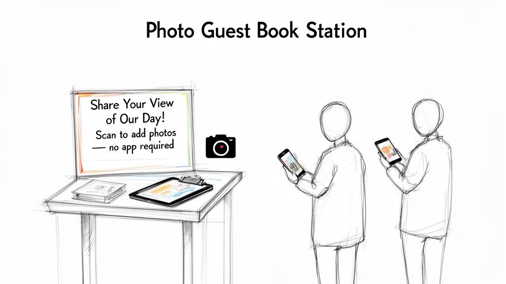 A sketch of a photo guest book station where guests scan their phones to add photos.
