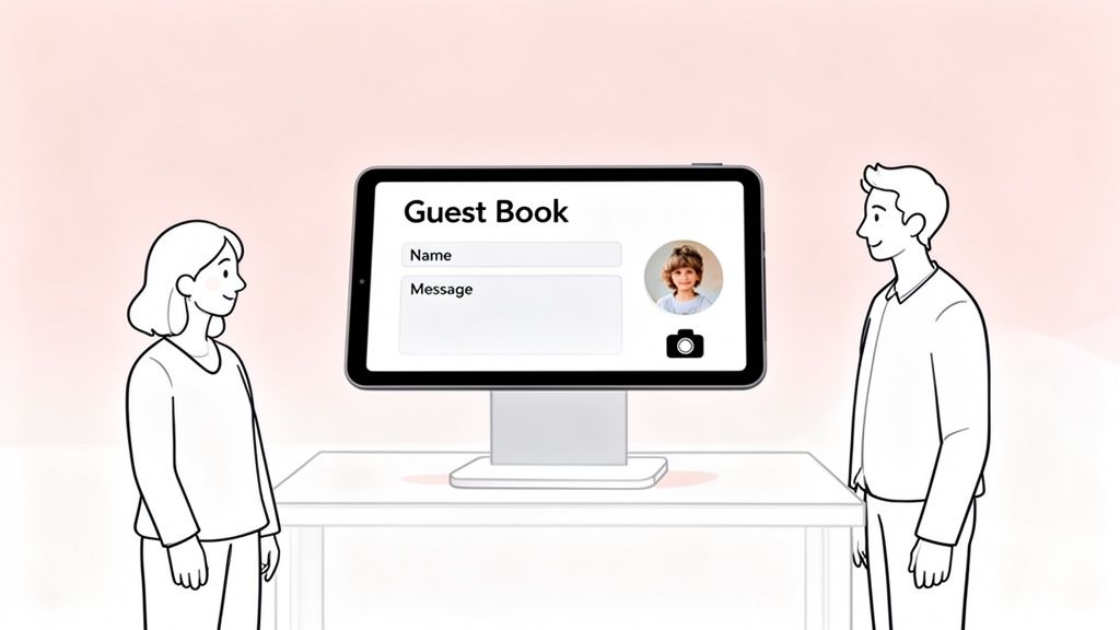 A cartoon illustration of a digital guest book on a tablet, with a man and woman observing.