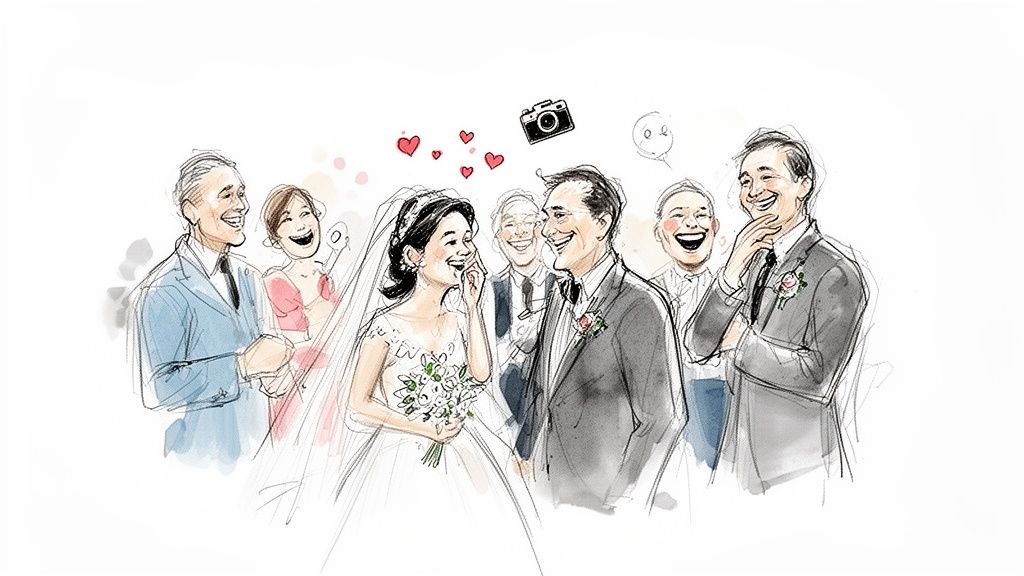 Illustration of a happy bride and groom surrounded by laughing wedding guests.