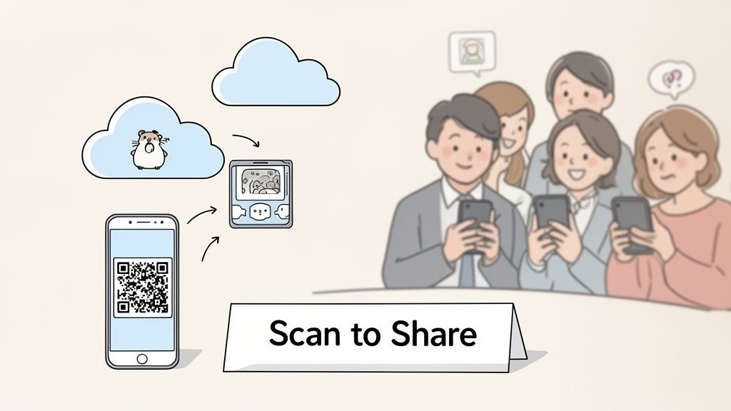 Illustration of cloud storage, a QR code on a smartphone, and people sharing content.