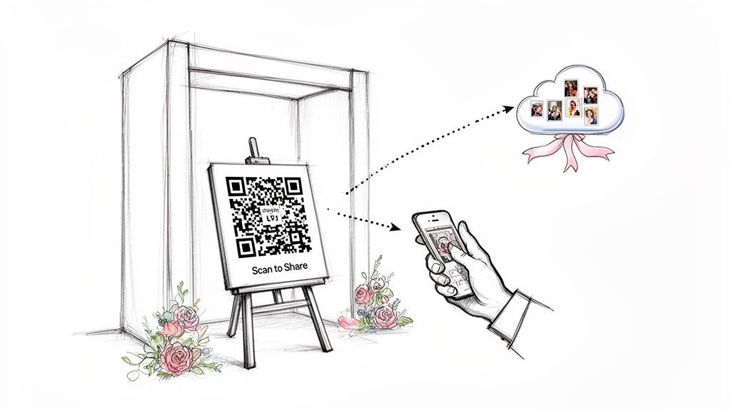 An illustration of a wedding photo booth QR code linking to a cloud for sharing memories.