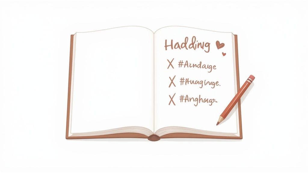 An open notebook displays handwritten text 'Hadding' with heart icons, three hashtags, and a pencil beside it.